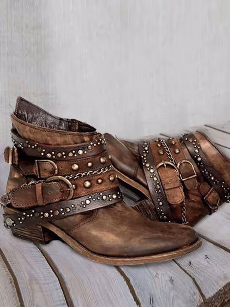 Wisherryy Vintage Washed Studded Buckles Ankle Boots